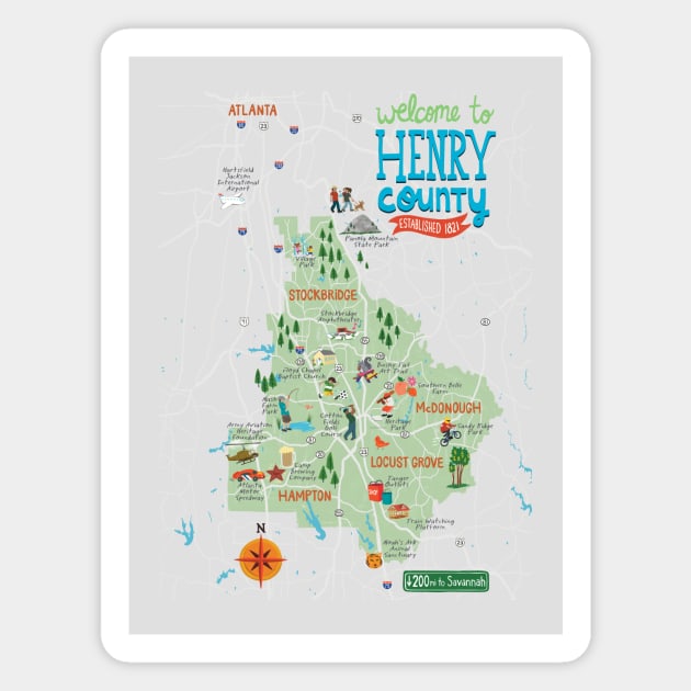 Welcome to Henry County Georgia - Illustrated Map Graphic - McDonough, Stockbridge, Locust Grove, Hampton Magnet by Steph Calvert Art